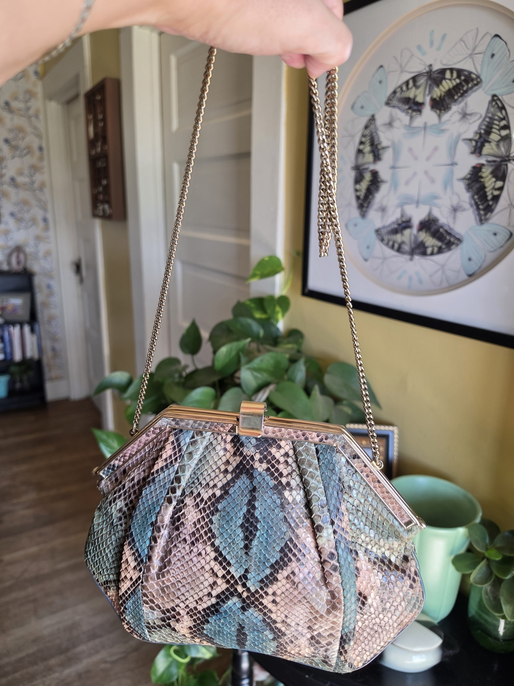 Women’s Snakeskin-Print Chain Shoulder Bag in Teal & Tan